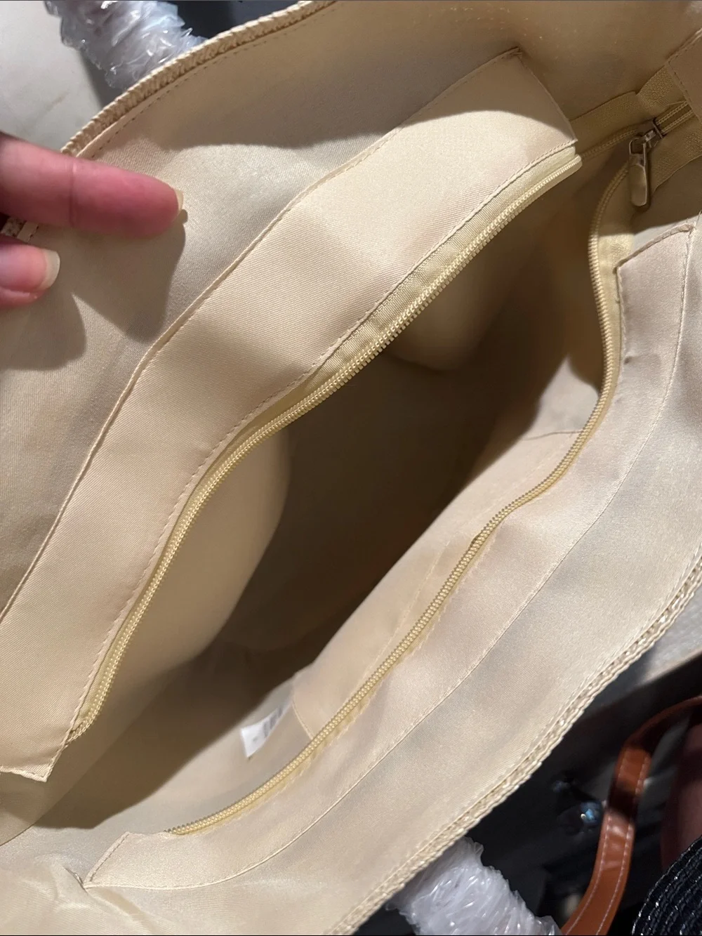 Striped Straw Tote and Matching Hat Set in Brown and Cream